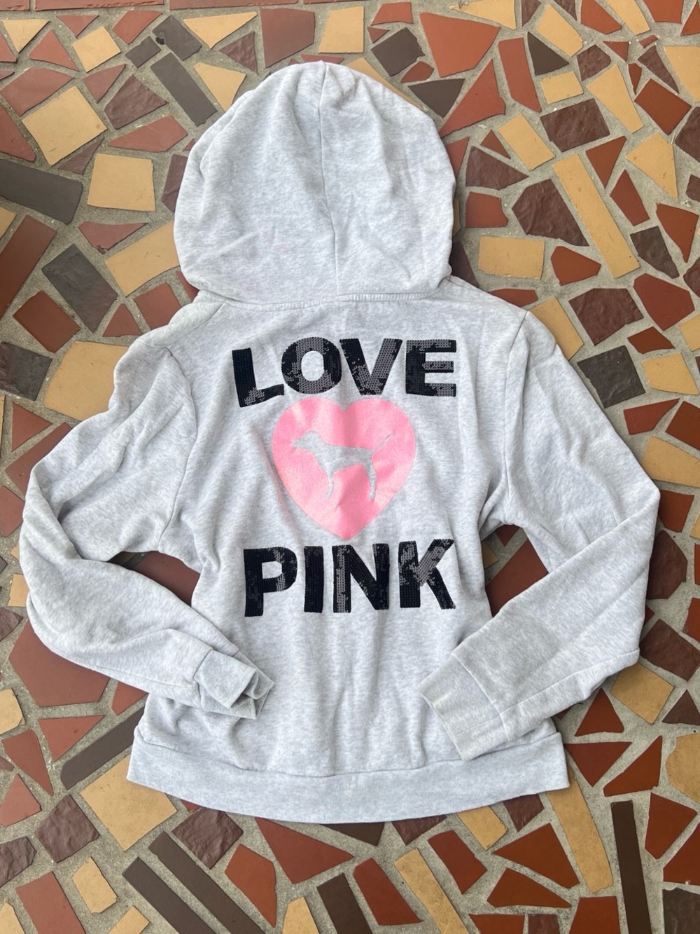 Y2K Style Pink Victoria's Secret Light Gray Hoodie W Sequin Graphic